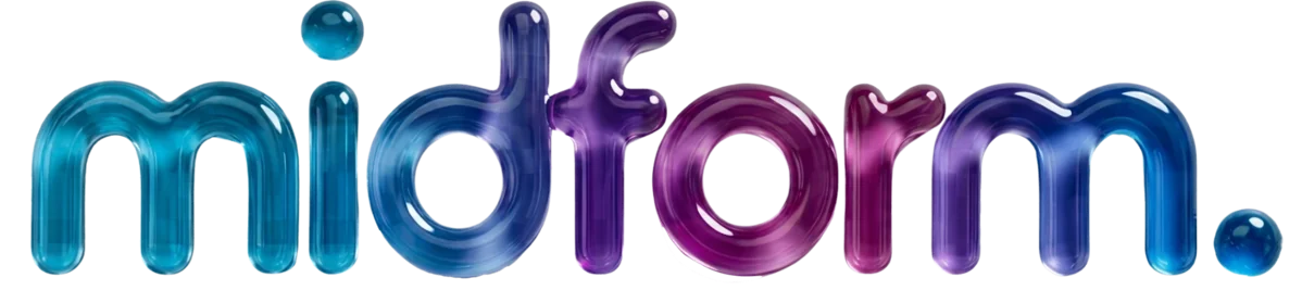 midform logo, a glossy translucent liquid glass wordmark in cyan, magenta and violet.